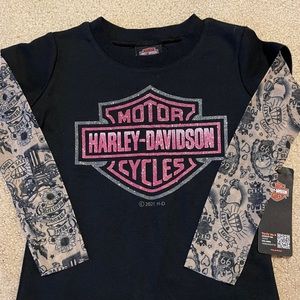 Harley-Davidson Little Girls' Glitter B&S Mesh Tattoo Long Sleeve Tee - Black